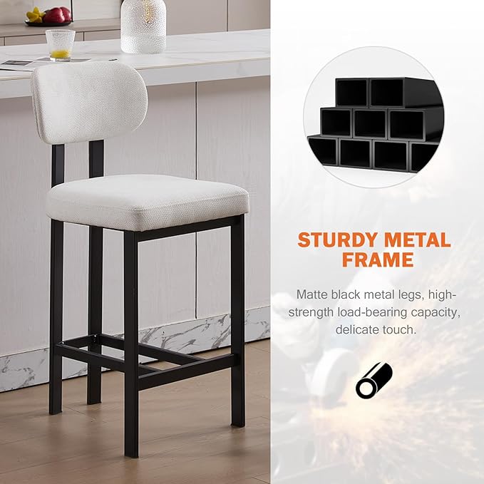 Modern Counter Stools Set of 2, 26" Upholstered Barstools with Back, Sturdy Black Metal Legs Dining Stools with Footrest for Home Pub Kitchen, Cream