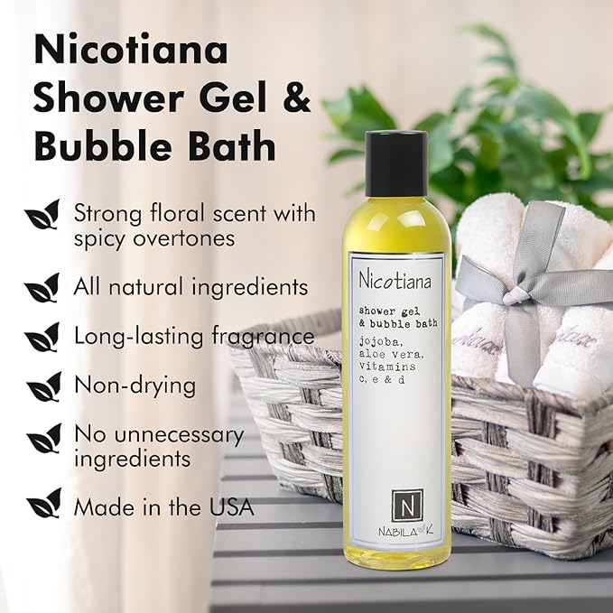 Nabila K Nicotiana Shower Gel & Bubble Bath, 9 oz – Non-Drying Body Wash with Jojoba, Aloe Vera & Vitamins – Naturally-Derived, Sulfate-Free – Made in USA – For Men & Women