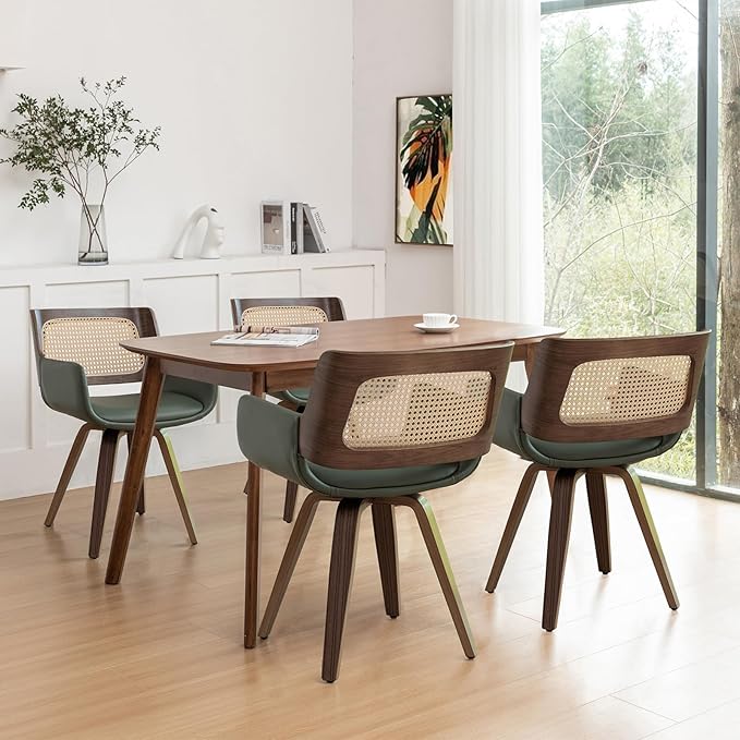 Set of 1 Dining Room Chairs with Arms - Swivel Cane Dining Chairs with Ergonomic Rattan Back, Walnut Bentwood Frame, Curved Arms, Versatile for Restaurant/Living Room/Kitchen (Walnut Green)