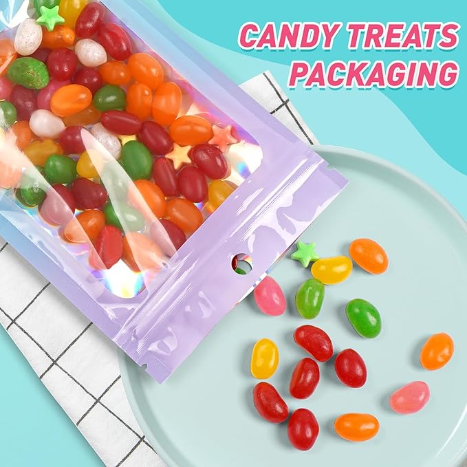 Funfery 300 Pack Smell Proof Resealable Bags for Food Storage,Holographic Bags 4x6 Purple Blue Mylar Clear Packaging Bag- Scent Proof for Cookies, Zip Foil Pouch for Small Business