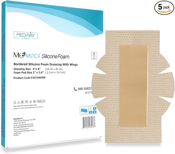 MedVance Bordered Adhesive Silicone Foam Dressing Pack of 5 - Waterproof Silicone Pad - Easy Apply & Remove Sterile Bandages - Wound Care & Dressings for Burns & More (4"x8" Bandage w/Wings)