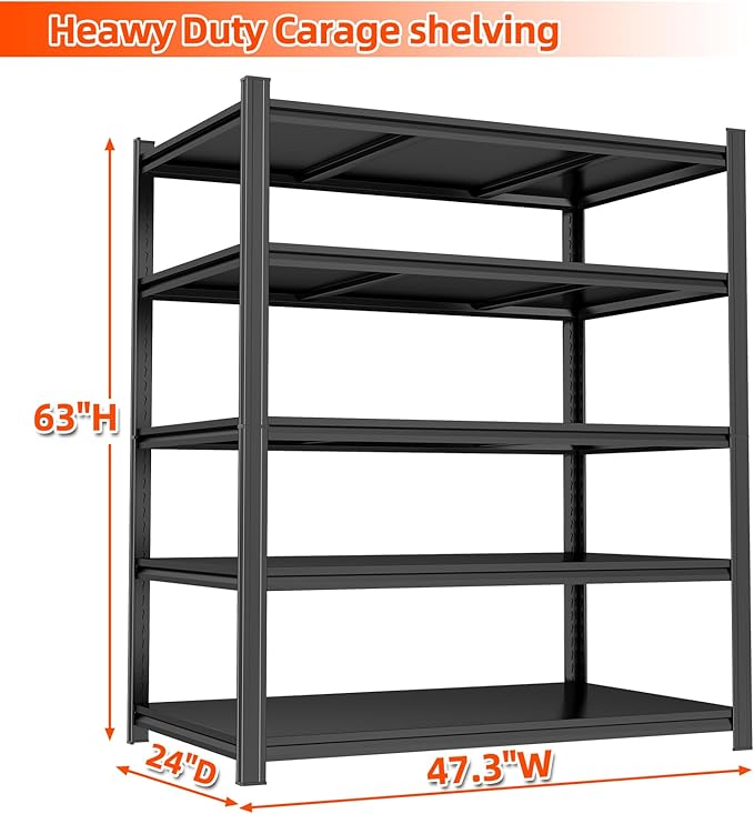 Garage Shelving, 2500LBS Metal Storage Shelves, 5-Tier Heavy Duty Garage Shelving, Industrial Utility Shelves, Adjustable Shelf Units for Basement, Workshop, Warehouse, Pantry Closet, Black