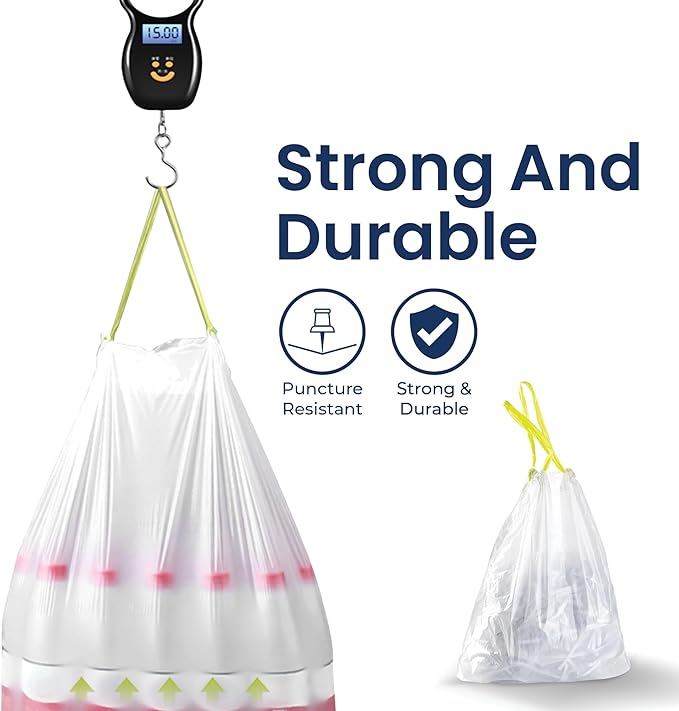 Ninestars Extra Strong Trash Bags with Drawstring, Multiple Sizes 90 Count, Kitchen Drawstring trash bags 90 Trash Bags (10 Gallon 90 ct White)
