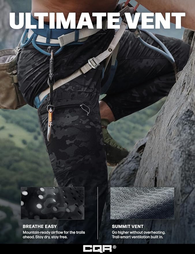 CQR Men's Lightweight Vent Hiking Pants, Water-Resistant & Breathable Sports Outdoor Athletic Pants with Elastic Waist
