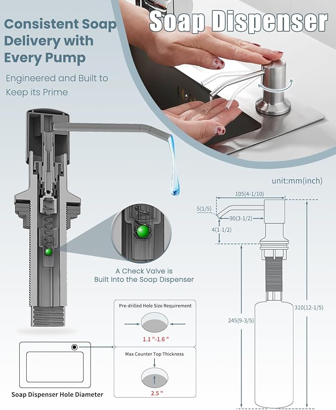 Kitchen Faucet Soap Dispenser,Faucet for Kitchen Sink, Kitchen Sink Faucets with Pull Down Sprayer and Dual Function Spray Head,RV Sink Faucet with Deck Plate,Nickel Brushed