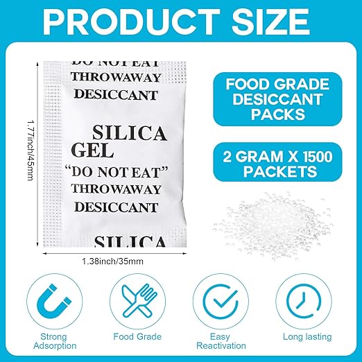 1500 Pcs 2 Gram Silica Gel Packets Desiccant Packs for Storage Moisture Absorbers Silica Gel Anti Humidity Transparent Food Grade Desiccant Packs for Electronics, Clothes Shoes