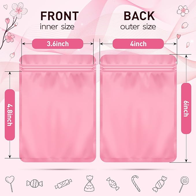 Funfery 100 Pack Pink Mylar Packaging Bags Resealable Bags Double Sided Color Odor Proof Pouch Baggies Smell Proof Foil Bag for Food Storage,Small Business(Pink,4x6inch)