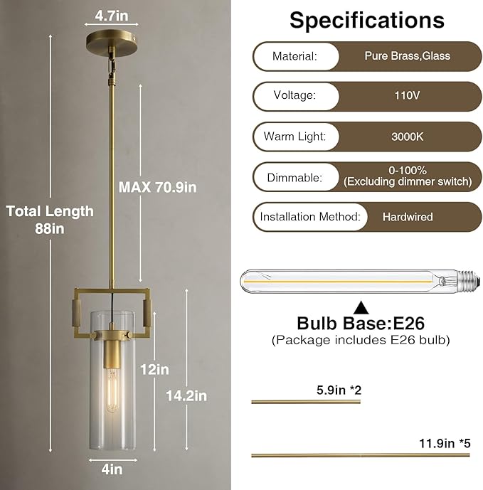 Modern Gold Kitchen Island Pendant Lights, 12 Inch 1-Light Adjustable Pendant Light with Glass Shade & Brass Finish, Hanging Light Fixture for Kitchen, Dining Room, Bathroom, Living Room
