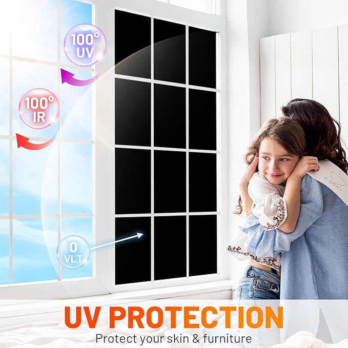 Privacy Window Film Total Blackout Cover, 100% Light Blocking Window Tint Static Cling Sun Blocking Heat Control, Anti UV Scratch Resistant for Home Office (Black, 17.5in x 13ft)