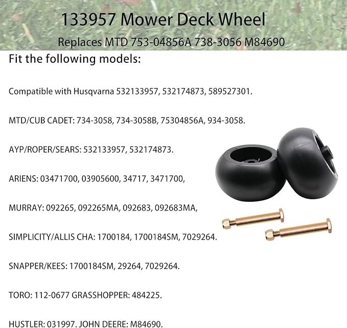 133957 532133957 riding mower Deck Wheels Fit for Husqvarna Poulan Craftsman Replaces MTD 753-04856A Cub Cadet 738-3056 M84690 with Bolts & Lock Nuts(2/pack)