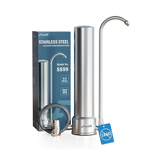 Frizzlife SS99 Countertop Water Filter System, NSF 42&372 Certified 6-Stage Stainless Steel Water Filter for Sink Faucet Reduces 99.99% Lead, Chlorine, Heavy Metals, 8000 Gallons (1 Filter)