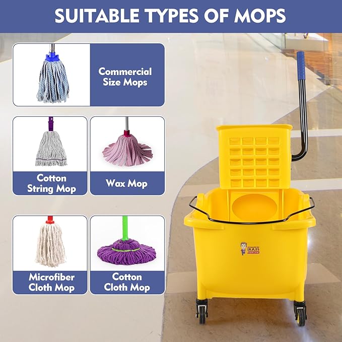 Mop Bucket with Side Press Wringer on Wheels, 24 L Side-Press Mop Bucket, Yellow