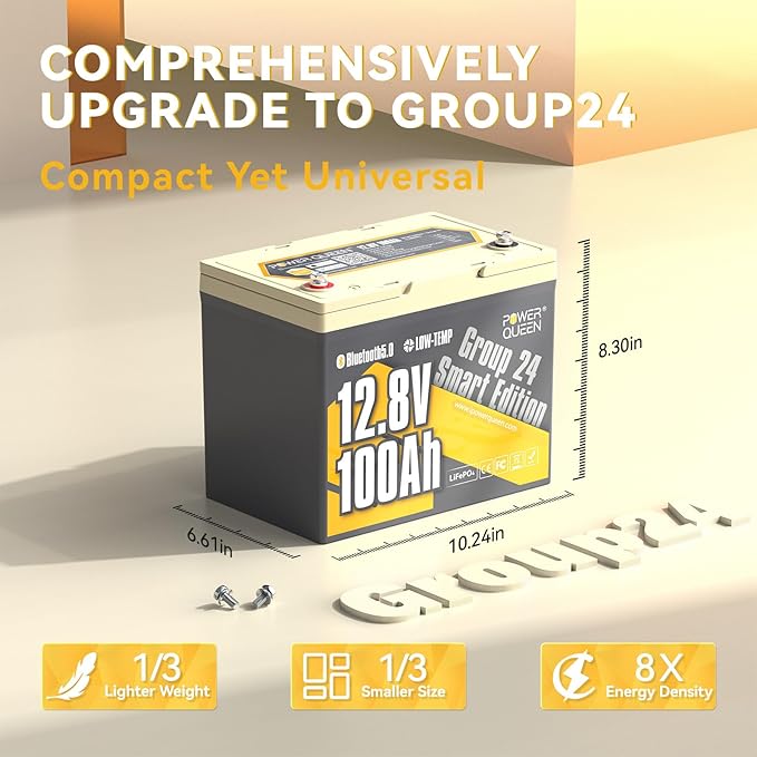 Power Queen 12V 100Ah Bluetooth LiFePO4 Battery, Group 24 Deep Cycle Battery Max. Output Power 1280W, 100A BMS with Low-Temp Cut-off Protection for RV, Trolling Motors, Solar System