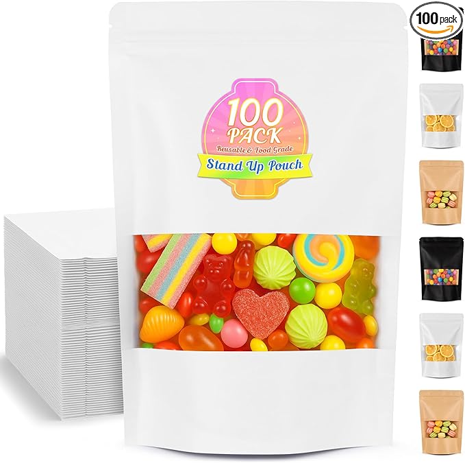 Food Bags 100 Pack Granola Trail Mix Bags Mylar Bags with Window Resealable Mylar Stand Up Pouches Wax Melt Candy Bar Tea Packaging Beef Jerky Chip Bag Bolsas para Carne Seca (6.7"x9.8")
