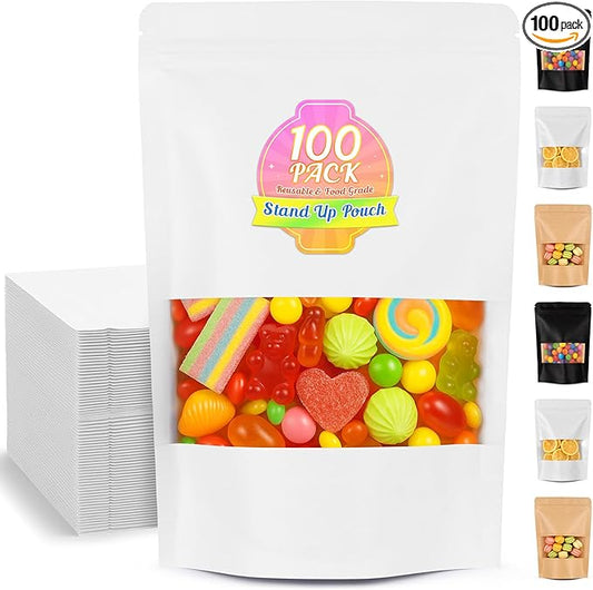 Food Bags 100 Pack Granola Trail Mix Bags Mylar Bags with Window Resealable Mylar Stand Up Pouches Wax Melt Candy Bar Tea Packaging Beef Jerky Chip Bag Bolsas para Carne Seca (6.7"x9.8")