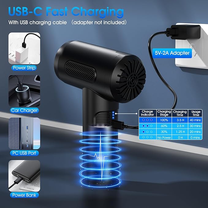 Compressed Air Duster, 100000RPM Handheld Car Vacuum/Air Blower& Pump, 3 Gear Adjustable Electric Air Duster/Car Vacuum Cleaner, Keyboard Duster with LED Light-10 Kits Air Blower for Computer(Black)