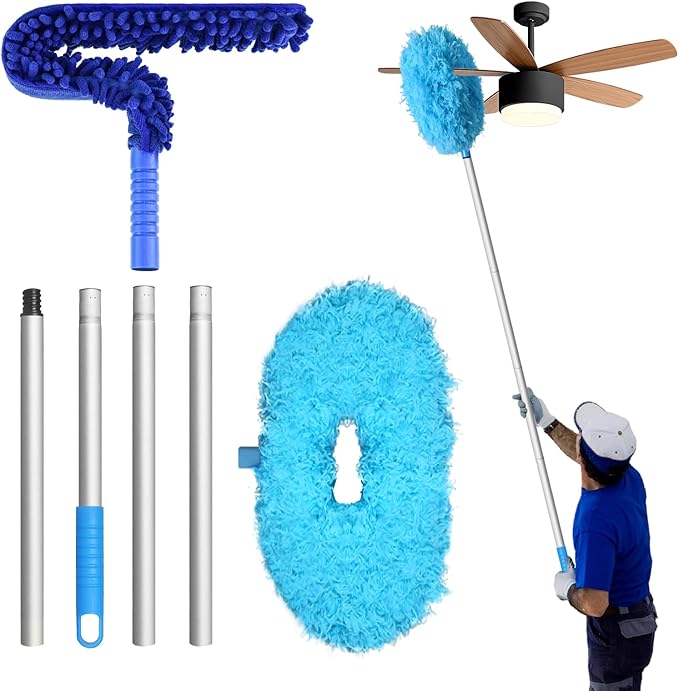 Storystore Ceiling Fan Cleaner Duster with Extension Pole, Feather Dusters for Cleaning Cobweb Cleaner (Round and Dust Collector)