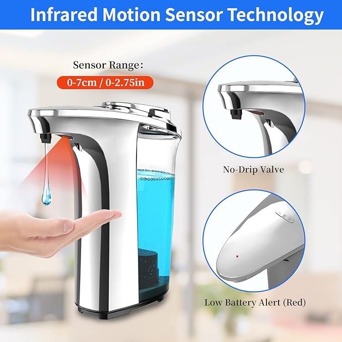 FKWin 17oz Automatic Liquid Soap Dispenser, Touchless Battery Operated Hand Soap Dispenser with 5 Adjustable Soap Dispensing Levels, Perfect for Commercial or Household Use, Fit for Bathroom Kitchen