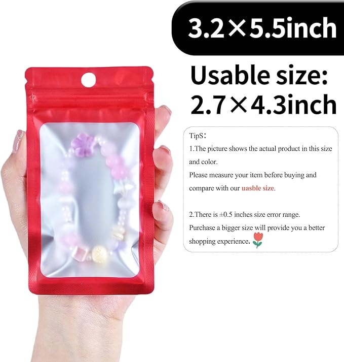 100 Pack Resealable Plastic Bags for Food Storage, Zipper Bags with Clear Front Window, Packaging Pouch for Small Business (Red, 3.2x5.5 inch)