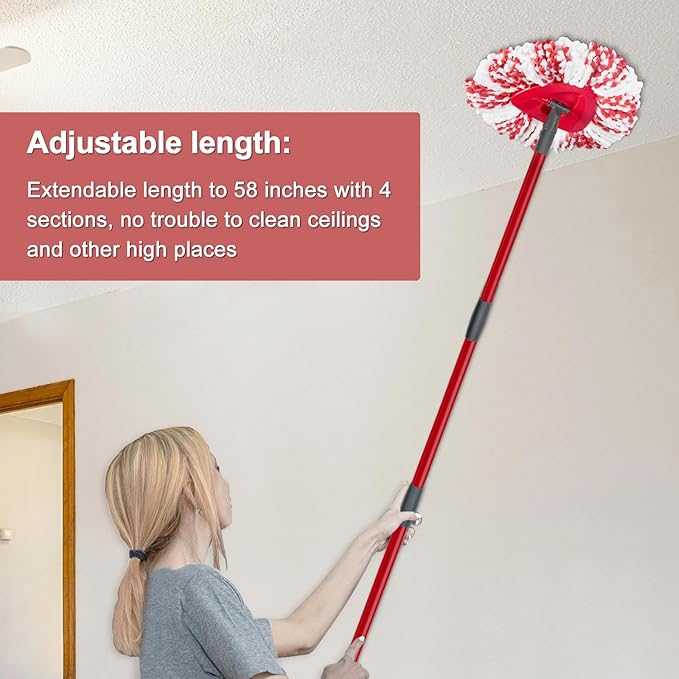 Spin Mop Replace Head, Base, Mop Handle Replacement for OCedar EasyWring 1 Tank System - Include 2 Microfiber Refills, 1 Sturdy Iron 30-58" Adjustable Mop Stick, Head Cover and Scrubber