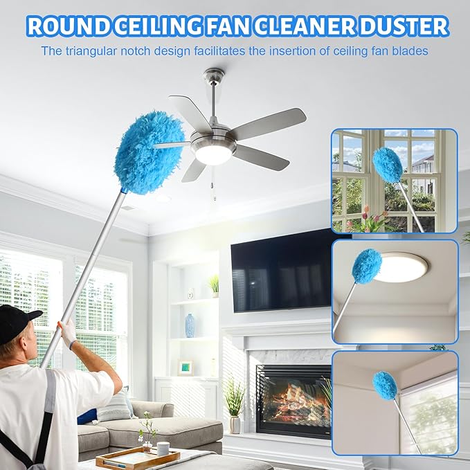 Storystore Ceiling Fan Cleaner Duster with Extension Pole, Feather Dusters for Cleaning Cobweb Cleaner (Round and Dust Collector)