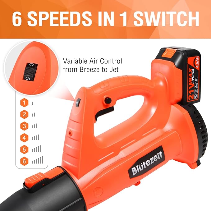 Blütezeit Cordless Leaf Blower - 21V Electric Yard Blower 350CFM 150MPH with 4.0Ah Battery & Charger, 6-Speed Adjustable for Lawn Care, Snow Blowing, Debris & Dust