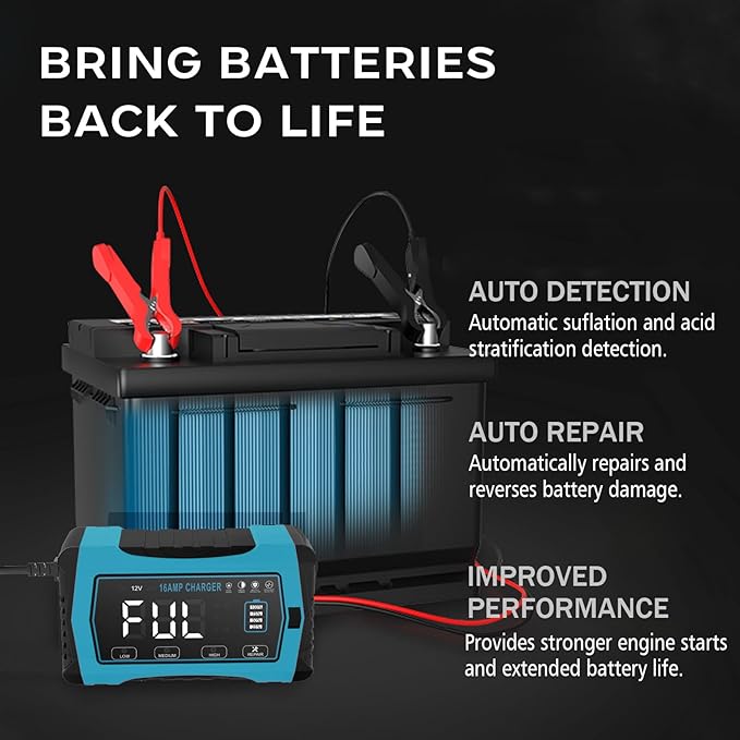 16 AMP Battery Charger, 6V/12V/24V Smart Car Battery Charger, Trickle Charger, Fully Automatic Chargers and Maintainer for Car, Motorcycle, Lawn Mower, Lead-Acid, Lithium, LiFePo4 Batteries