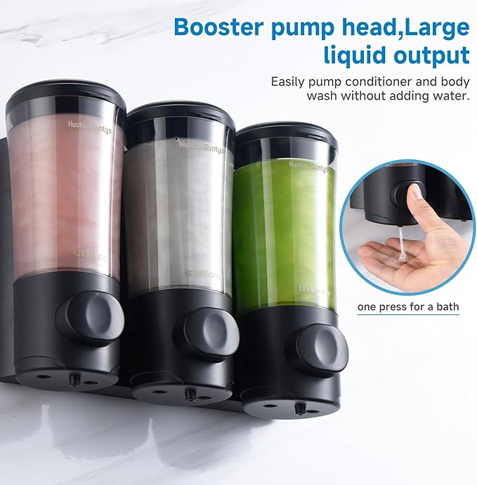 Shampoo and Conditioner Dispenser No Drill Shower Soap Dispenser Wall Mounted Shower Dispenser 3 Chamber with Upgrade Smooth Pump Head Bathroom Body Wash Soap Dispenser Set 450ml*3 Black