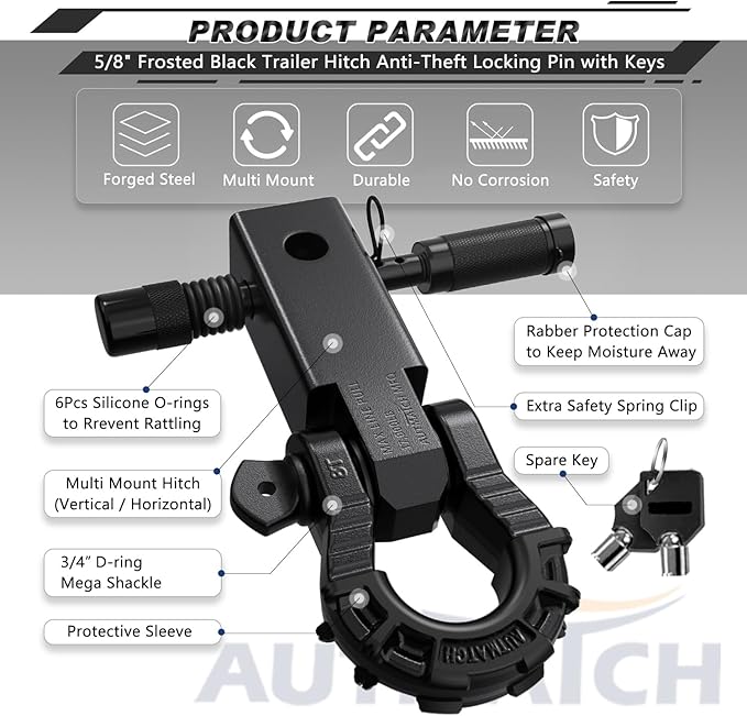 AUTMATCH Shackle Hitch Receiver 2" with 3/4" Mega D Ring Shackle and 5/8" Trailer Hitch Lock Pin, 68,000 Lbs Break Strength Heavy Duty Receiver Towing Kit for Off-Road Vehicle Recovery, Frosted Black