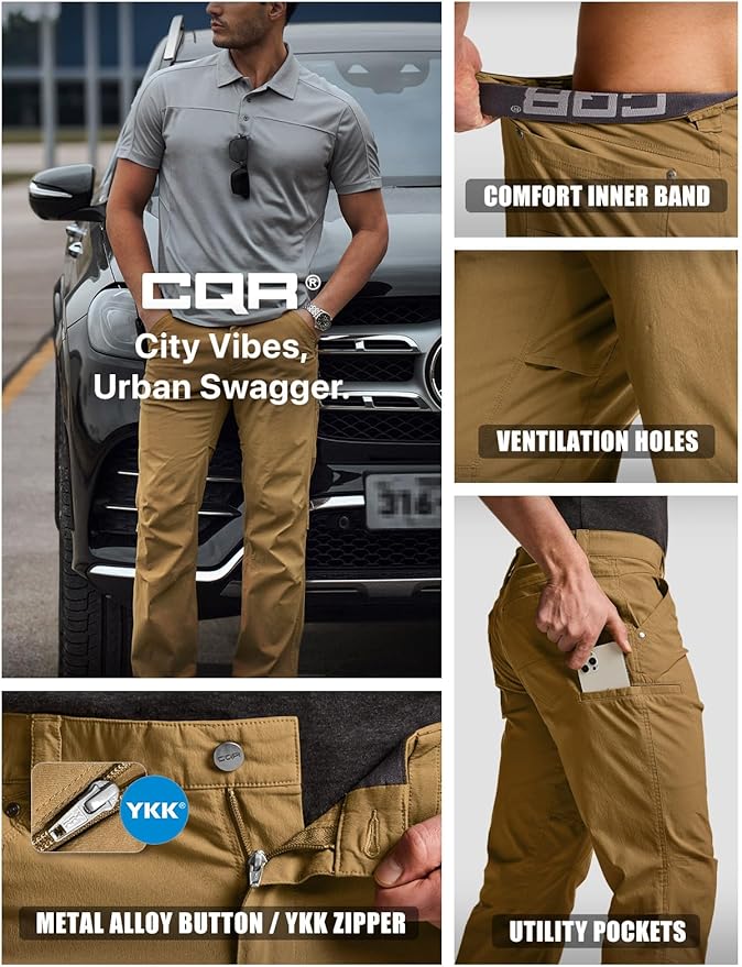 CQR Men's Vent Stretch Pants, Quick Dry Lightweight Casual Cargo Pants, Water Resistant Straight-Fit Utility Work Pants