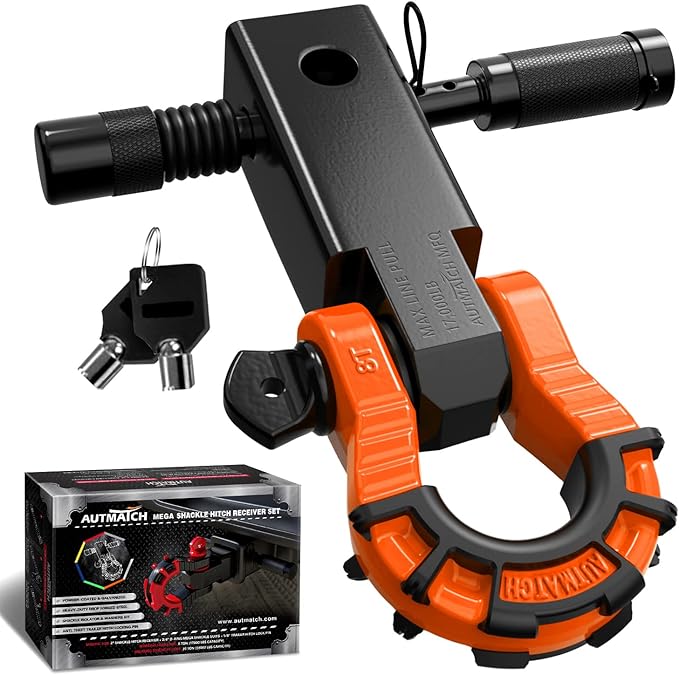 AUTMATCH Shackle Hitch Receiver 2" with 3/4" Mega D Ring Shackle and 5/8" Trailer Hitch Lock Pin, 68,000 Lbs Break Strength Heavy Duty Receiver Towing Kit for Off-Road Vehicle Recovery, Orange & Black