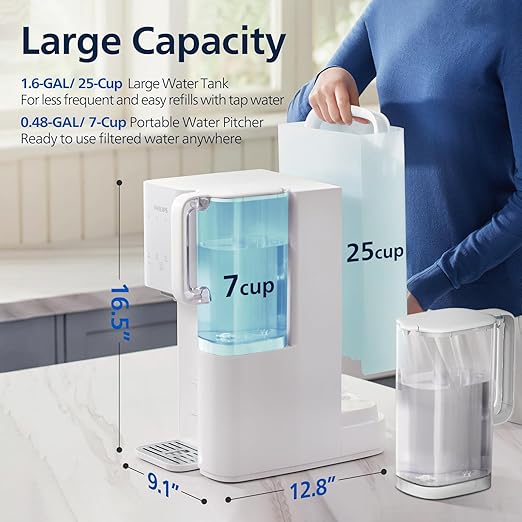 Philips Reverse Osmosis Water Filter Countertop with 2 Pitchers - ADD6926WH/37, 6 Stage RO Water Filtration System Purifier Dispenser with Aquaporin Technology, NSF/ANSI 372 Certified, Reduce TDS Lead