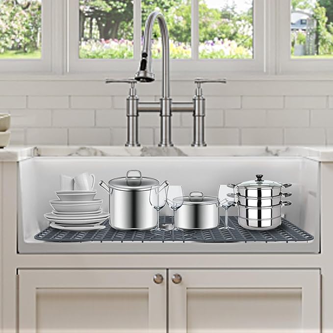 GUUKIN Sink Protectors for Kitchen Mat - 29"x 15.35" Silicone Kitchen Sink Mat Grid for Bottom of Farmhouse Stainless Steel Porcelain with 3 Reserved Holes（Grey）