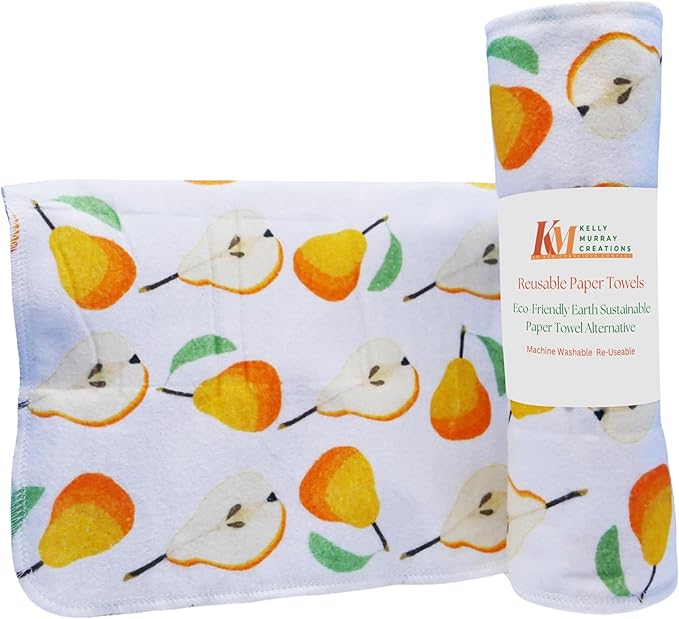Pack of 10 Reusable Paper Towels | 10x10 Inch Cotton Towels | Kitchen Utensils Print | Eco Friendly, Washable, Quick Drying | Sustainable Cleaning Cloths | Pears
