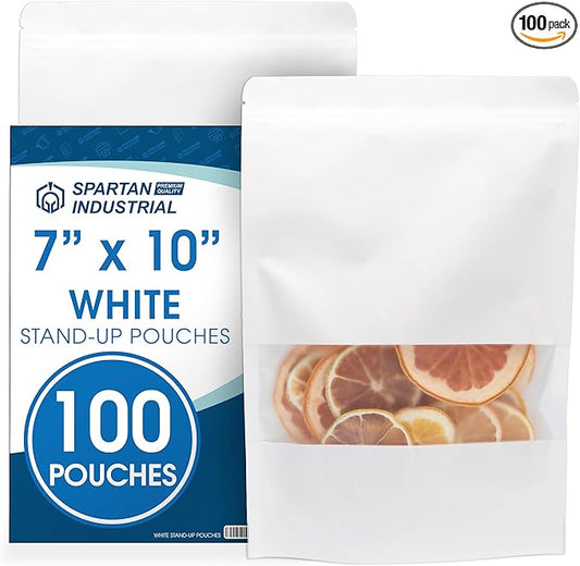 Spartan Industrial - 7" X 10" White Stand-Up Pouch Bags - Pack of 100 Large Smell-Proof Storage Bags for Bulk Food Packaging, Homemade Treats, Bath Products, and More