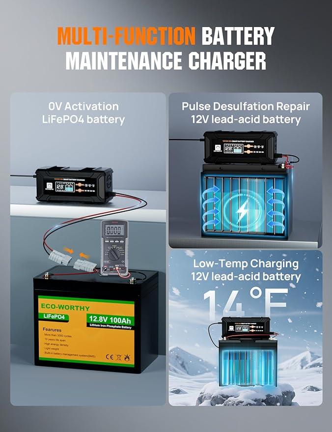 ECO-Worthy 12V/24V 20A Smart Battery Charger Maintainer, Auto Voltage Detect for LiFePO4 Lead-Acid with Multi-Current Options 5A/10A/15A/20A, Trickle Charger for Car Motorcycle Lawn Mower RV Camping