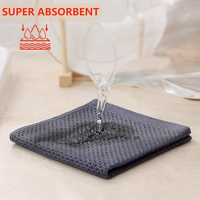 Kitinjoy 100% Cotton Kitchen Dish Cloths, 12 Pack Waffle Weave Ultra Soft Absorbent Dish Towels for Drying Dishes Quick Drying Kitchen Towels Dish Rags, 12 X 12Inch, Dark Grey