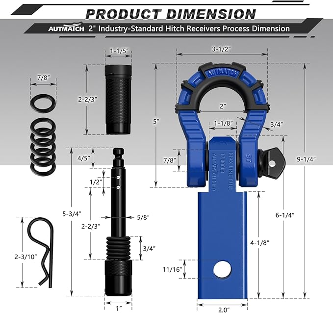 AUTMATCH Shackle Hitch Receiver 2" with 3/4" Mega D Ring Shackle and 5/8" Trailer Hitch Lock Pin, 68,000 Lbs Break Strength Heavy Duty Receiver Towing Kit for Off-Road Vehicle Recovery, Blue