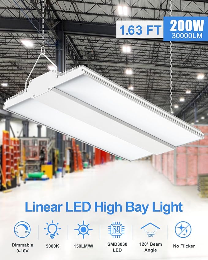 ADUB 200W High Bay LED Light 30,000LM, 1.63 FT LED Warehosue Lights UL DLC Listed, 5000K Linear Hanging Shop Fixture Dimmable 0-10V, Commercial High Bay Light for Workshop Garage Factory, AC100-277V