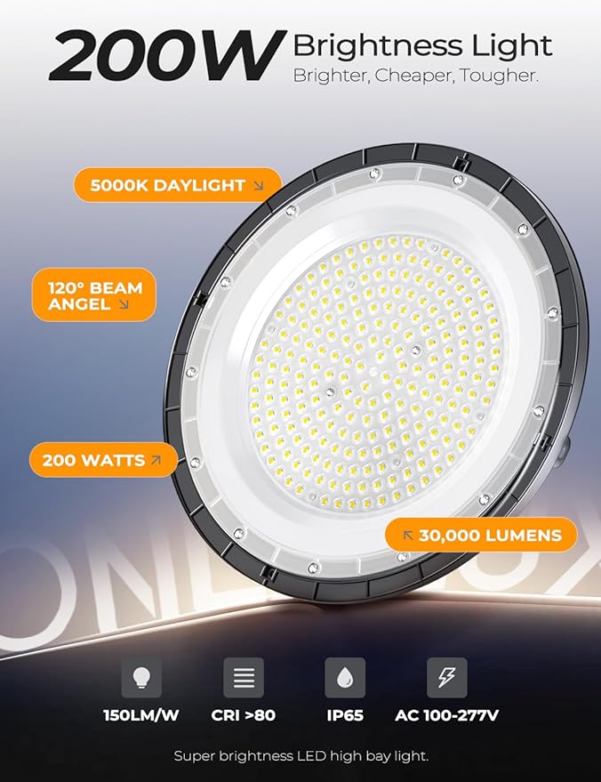 200W UFO LED High Bay Lights, 30000LM LED Shop Lights & Garage Lights, IP65 Waterproof 5000K Daylight, Industrial for Warehouse Factory Gym Barn (10 Pack)