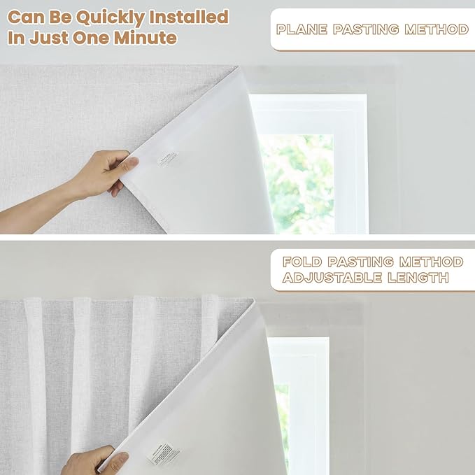 100% Blackout French Door Curtain,Adhesive, No Drilling Required,Small Curtains Designed for Installation On Doors (Grayish White - W25 × L72 in)