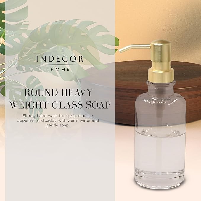 3 Piece Round Heavy Weight Glass Soap Lotion Pump Dispenser Set with Metal Caddy for Home Bath Kitchen Travel Office Hand Crafted Metal Tray Brushed Gold