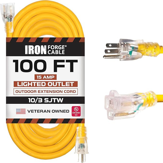 Iron Forge Cable Outdoor Extension Cord 100 Ft - 10 Gauge Heavy Duty Extension Cord, 15 AMP, 10/3 Yellow Power Cable SJTW Weatherproof with 3 Prong