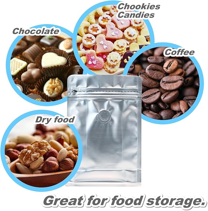 110 Pack High Barrier Stand-Up Coffee Bean Bags with Vented Valve, Matte Metallic, Heat-Sealable and Resealable Solid Color Pouches for Food Storage (5.1 * 8 inch,1/2 lb,8 oz,Silver)