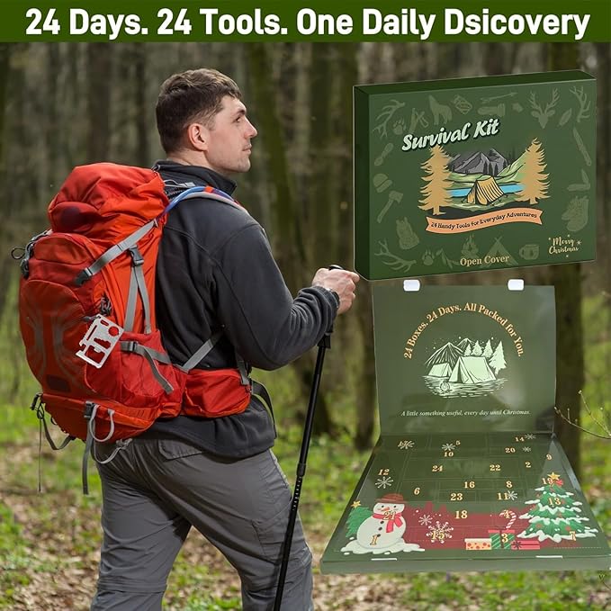 24-Day Survival Kit Advent Calendar - Christmas Countdown Calendar with Survival Tools, Outdoor Gear for Hiking Fishing Hunting Adventure, Practical Holiday Gift for Men Husband Dad Friends