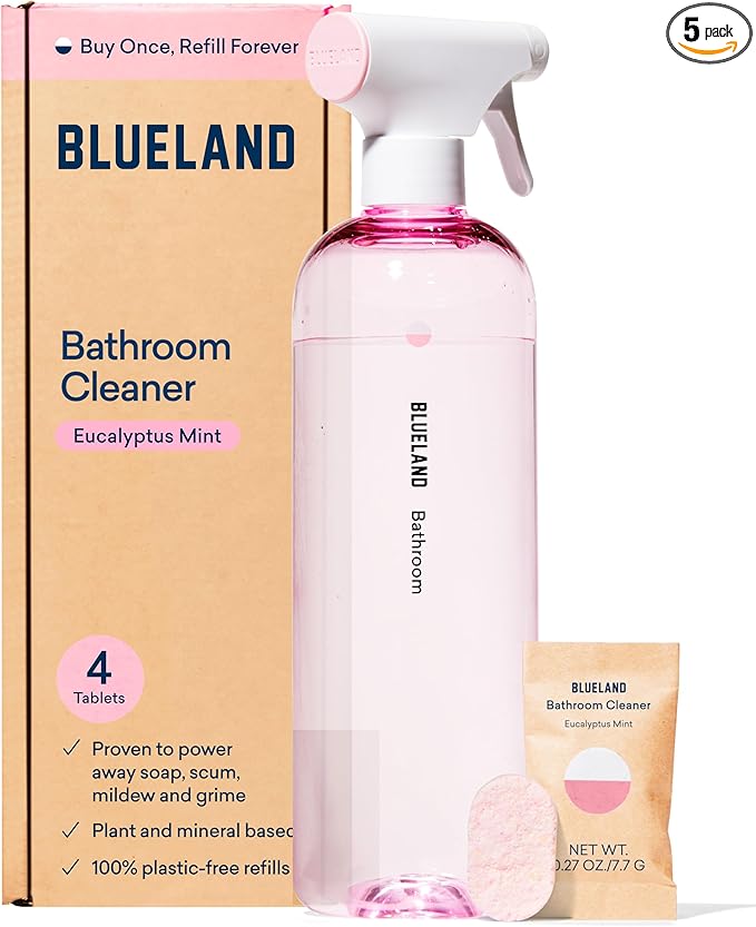 BLUELAND Bathroom Cleaner, Starter Set, Eucalyptus Mint Scent, Spray Bottle with 4 Refill Tablets, Eco-Friendly Cleaning Supplies, 4 x 24 Fl oz