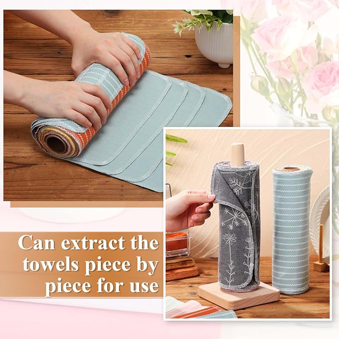 Redbaker 50 Pcs Reusable Paper Towels Paperless Reusable Cotton Cloths Toilet Absorbent Washable Paper Towels with Roll Kitchen Dishcloth for Kitchen Paperless Dishcloths(Stripe)