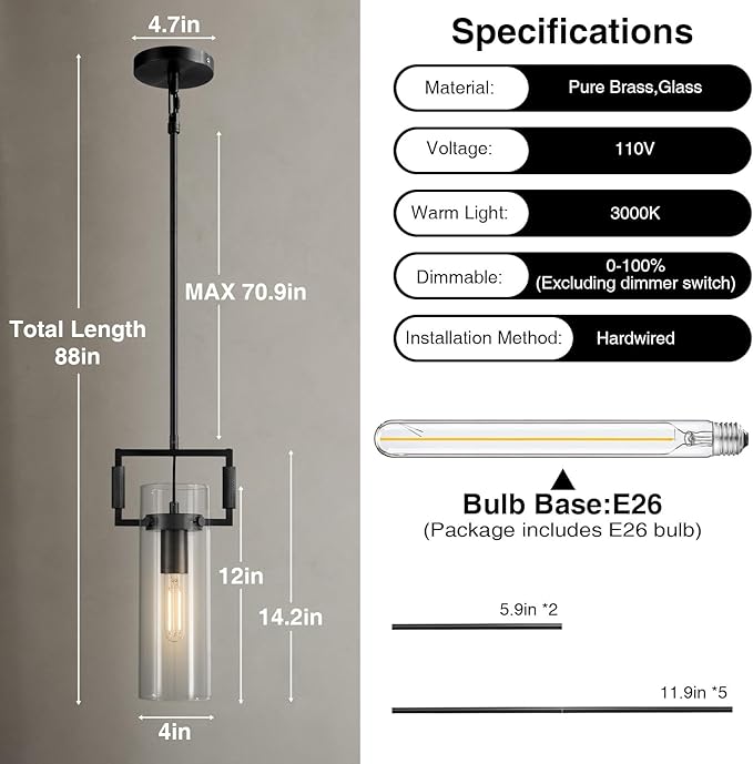 Modern Black Kitchen Island Pendant Lights Set of 2, 12 Inch 1-Light Adjustable Pendant Light with Glass Shade & Brass Finish, Hanging Light Fixture for Kitchen, Dining Room, Bathroom, Living Room