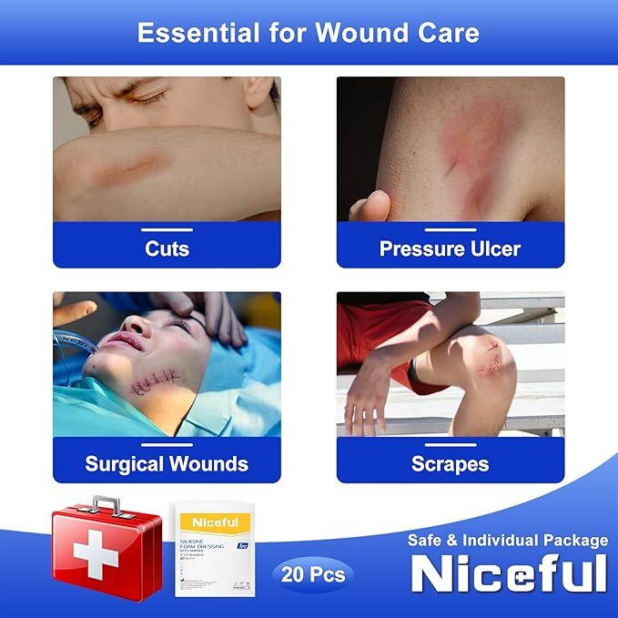 20 Count Silicone Foam Dressing Gentle Border 2 x 2 inch, Absorbent Silicone Bandages for Wounds, Waterproof Bed Sore Bandages Wound Dressing