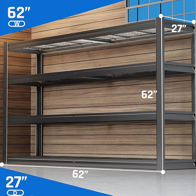 62" W Garage Shelving Heavy Duty, 4 Tier Garage Shelves, 27" D Adjustable Storage Shelving Unit, Commercial Metal Shelf for Warehouse, Pantry, School, Shop, 62" Wx27 Dx62 H